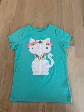Cat & Jack Teal Short-Sleeve Tee with White Cat and Colorful Pom Accents